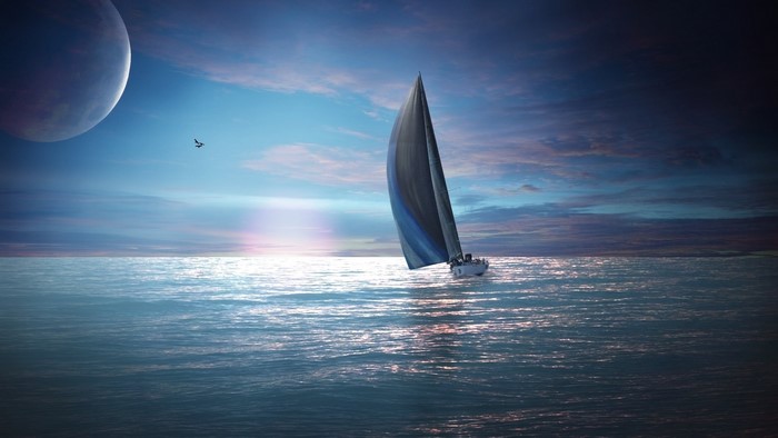 Sailing boat on the ocean under a large planet