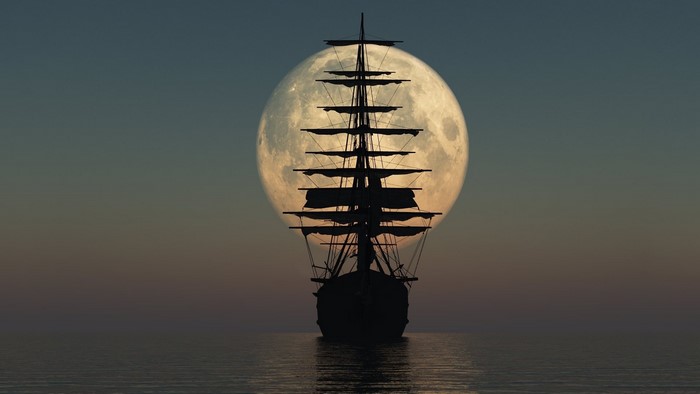 Tall Ship Silhouetted Against Full Moon