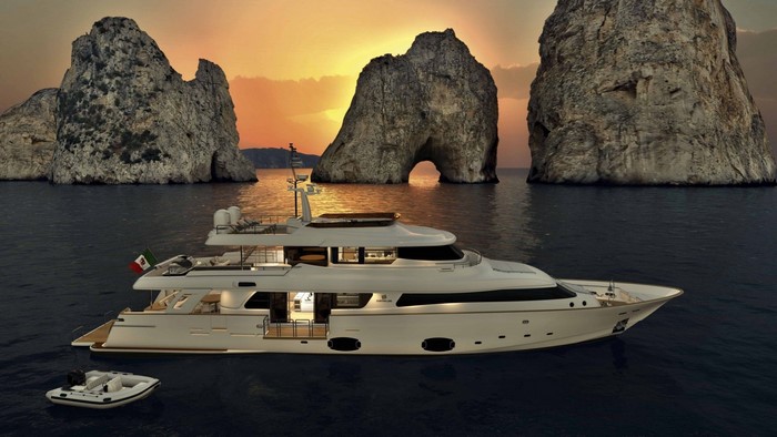 Luxury Yacht near Faraglioni Rocks at Sunset