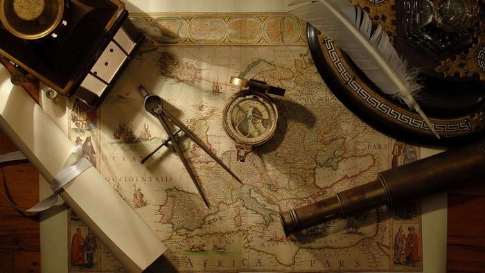 Antique map with navigational tools