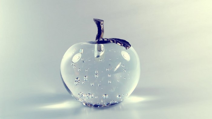 Glass apple with bubbles and metal stem