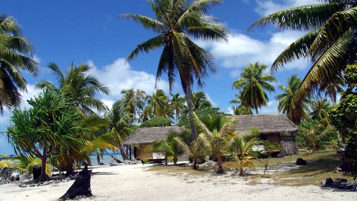Tropical beach resort with thatched bungalows and palm trees