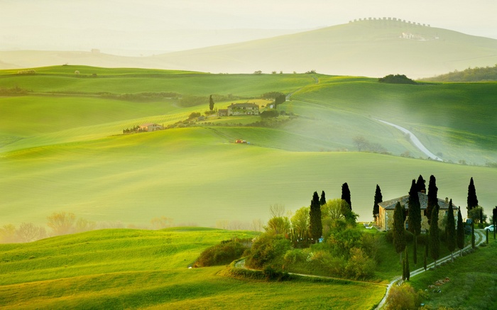 Tuscan landscape with rolling green hills and cypress trees