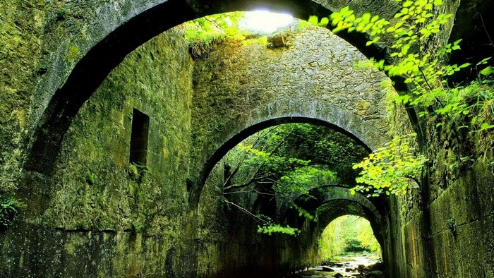 Stone arches covered in moss with a river flowing through