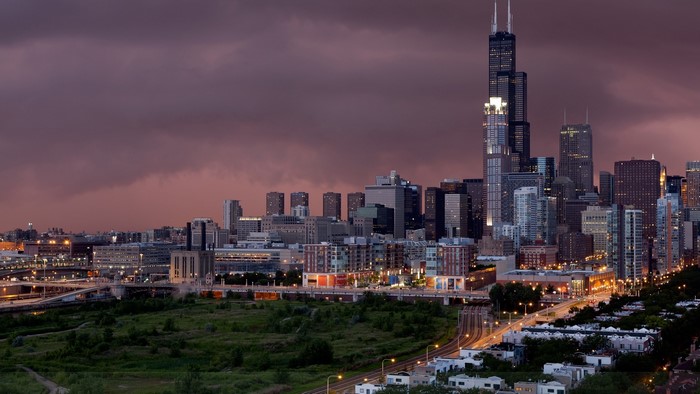 Stormy Sky Over Chicago Skyline at Dusk