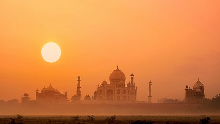 Taj Mahal at sunset with sun