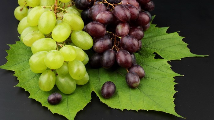 Red and green grapes on leaves