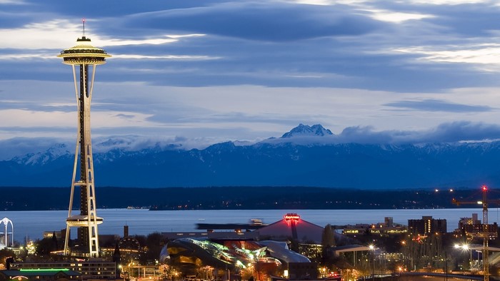 Seattle Space Needle and Mountains at Dusk