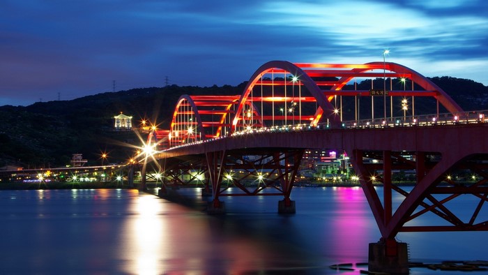 Guandu Bridge at night, Taiwan