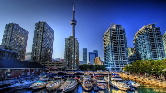 Toronto Canada Harbor with CN Tower and Boats