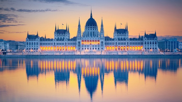 Budapest Parliament Building at Sunset Reflection