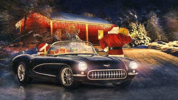 Santa Claus with a retro car and gifts