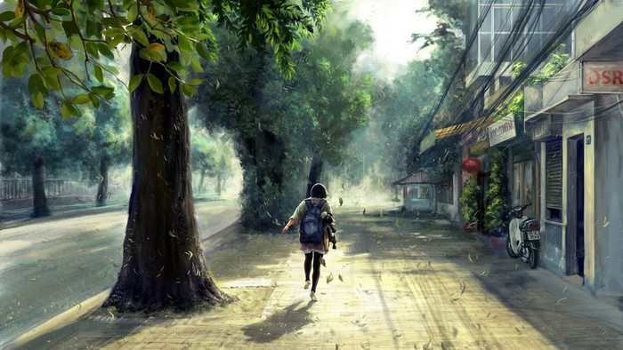 Girl with backpack walking on a tree-lined street