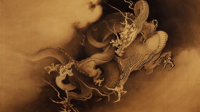 Two Oriental Dragons Fighting in Clouds