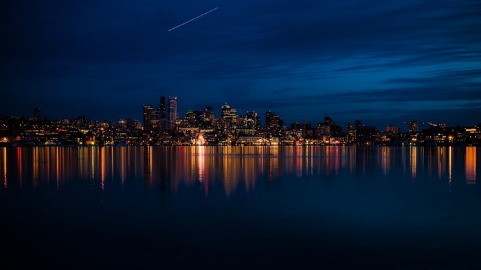 Shooting Star Over Seattle Skyline at Night