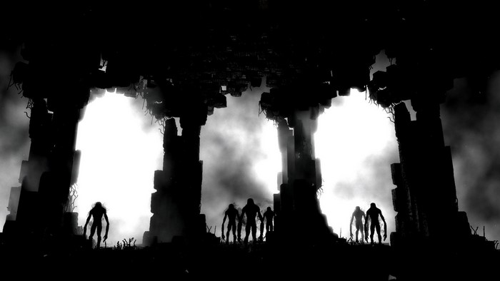 Evil silhouettes in ruined architecture
