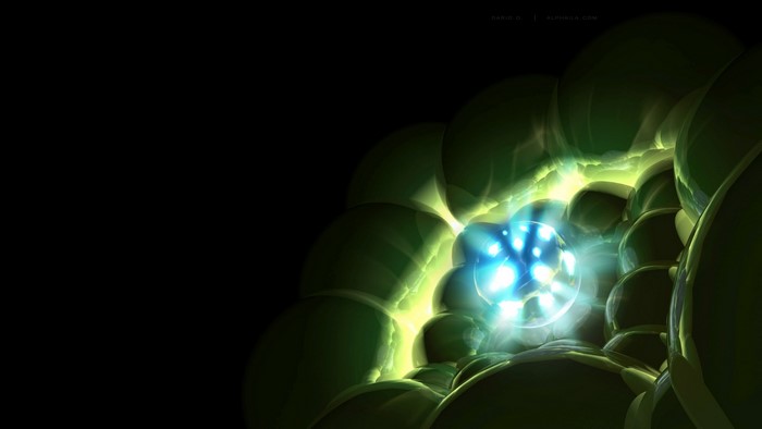 Abstract glowing green spheres with blue light