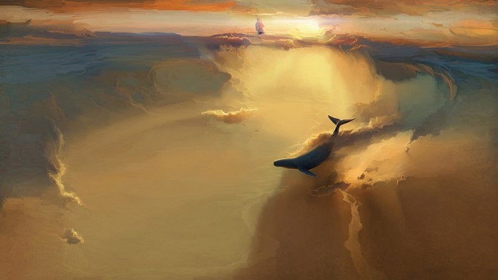 Whale and ship in a surreal sky