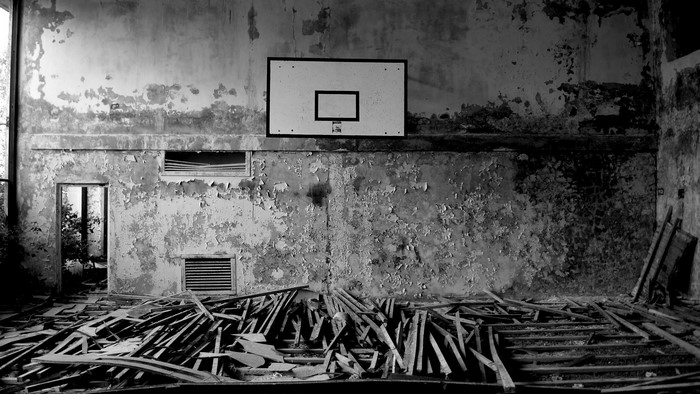 Destroyed Basketball Gym Monochrome