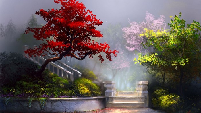 Enchanted garden with red and pink trees and stone stairs