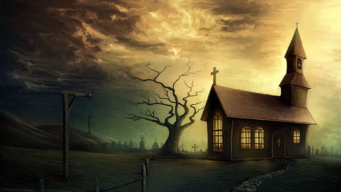 Spooky church and gallows in a dreamlike landscape
