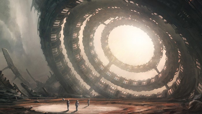 Sci-fi landscape with ancient alien structure and astronauts