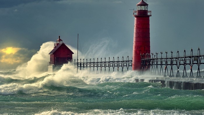 Stormy Seas Lighthouse with Crashing Waves