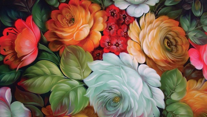 Close-up of a vibrant floral painting with roses and leaves