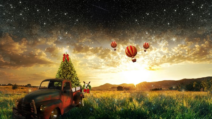 Christmas Tree and Hot Air Balloons at Sunset