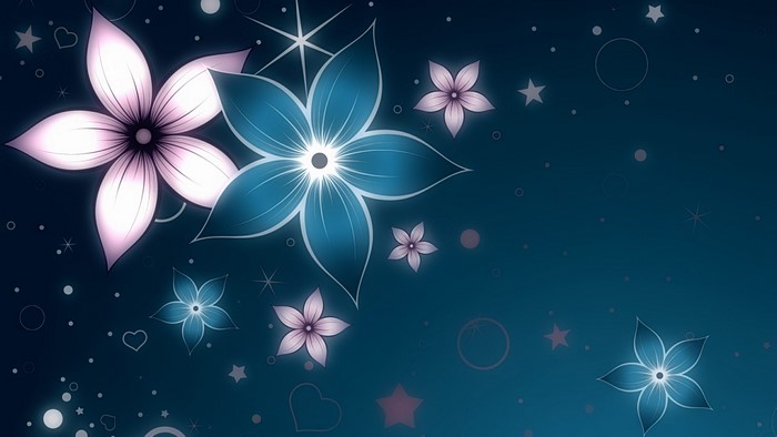 Glowing Flowers and Stars on Dark Blue Background