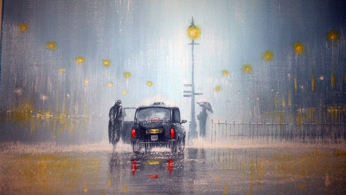 Rainy night painting with London taxi