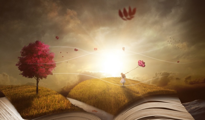 Girl with Balloons in a Book Landscape
