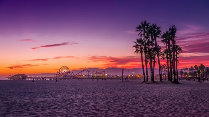 Purple Sunset over Santa Monica Pier and Beach