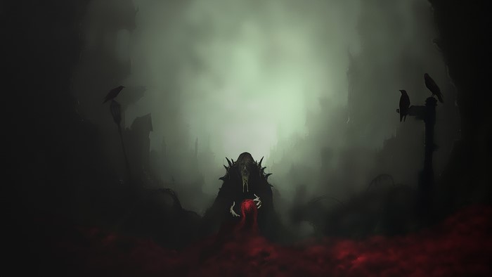Dark figure holding a red orb with crows
