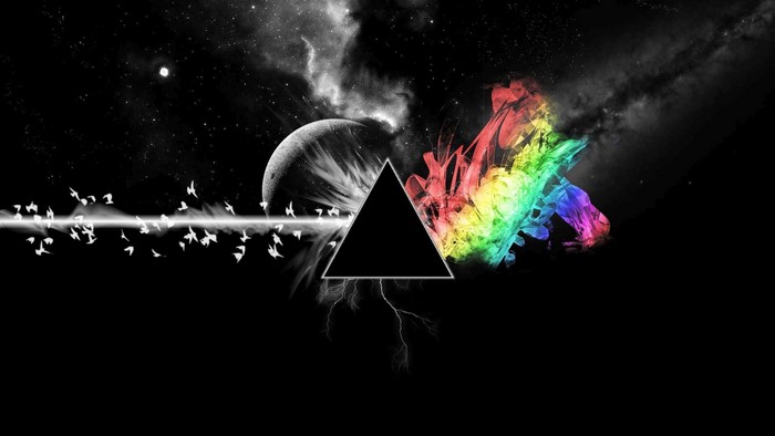 Dark Side of the Moon prism with birds and lightning