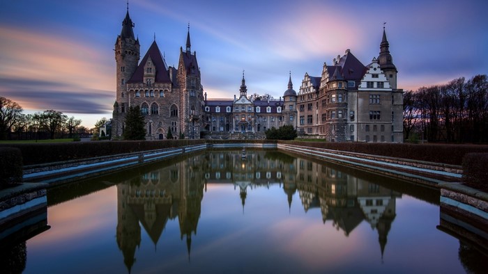 Moszna Castle in Poland at Dusk