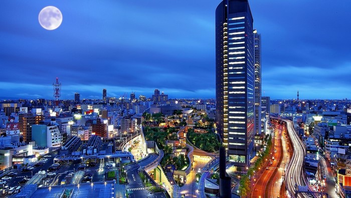 Cityscape at Night with Moon and Tall Buildings