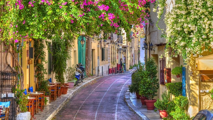 Plaka Athens City Street with Flowers