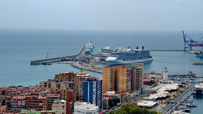 Malaga, Spain Cityscape with Cruise Ships and Harbor
