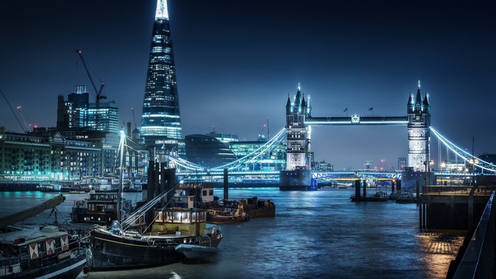 Tower Bridge and The Shard at Night on River Thames