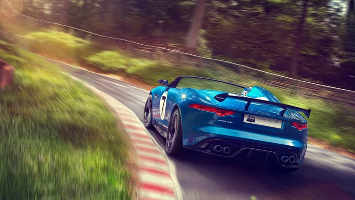 Blue Jaguar F-Type Convertible on Race Track