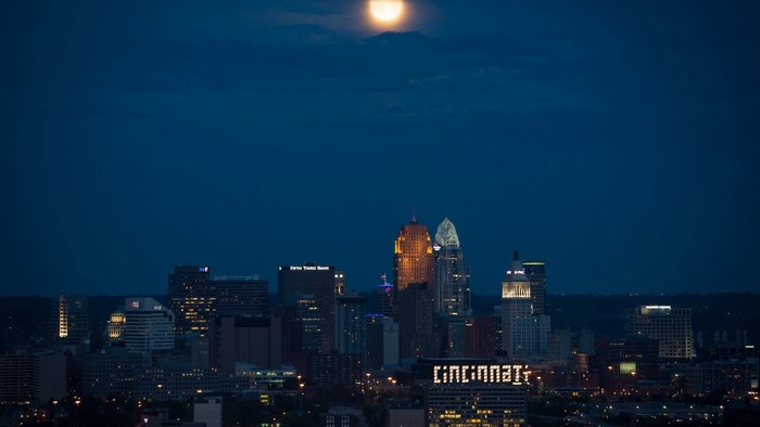 Moon Over Cincinnati Skyline at Night