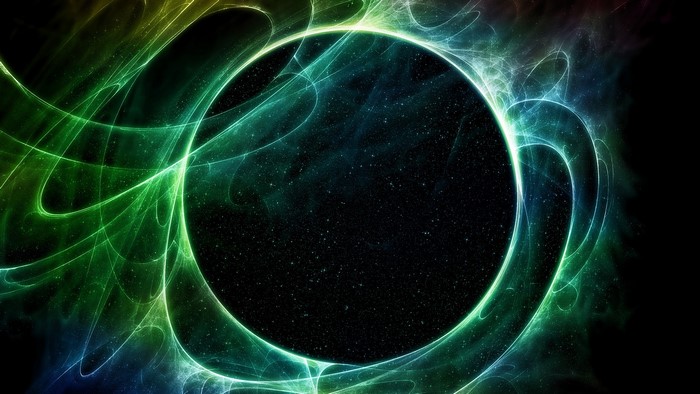 Green and blue galaxy aurora with black circle