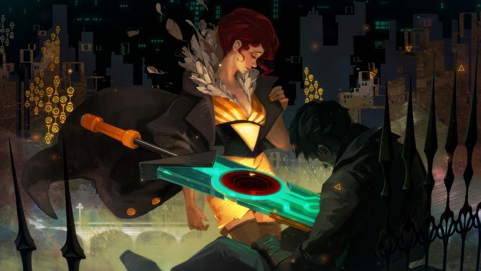 Redhead woman and man with Transistor game weapon