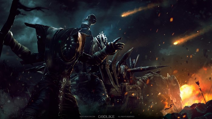 Godlike characters in a fiery battle