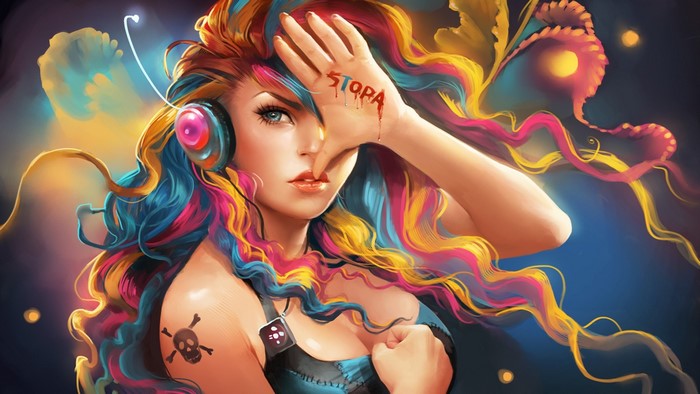Woman with colorful hair and headphones