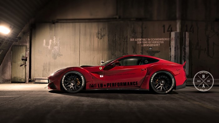 Red LB Performance Ferrari F12berlinetta in a Garage