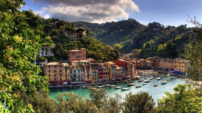Colorful buildings on a harbor in Portofino, Italy