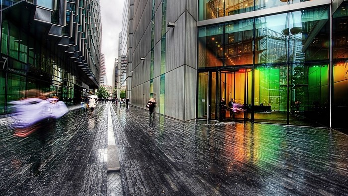 Rainy London Street with Modern Architecture