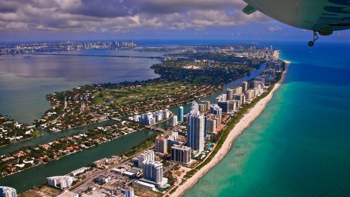 Miami cityscape aerial view from a blimp